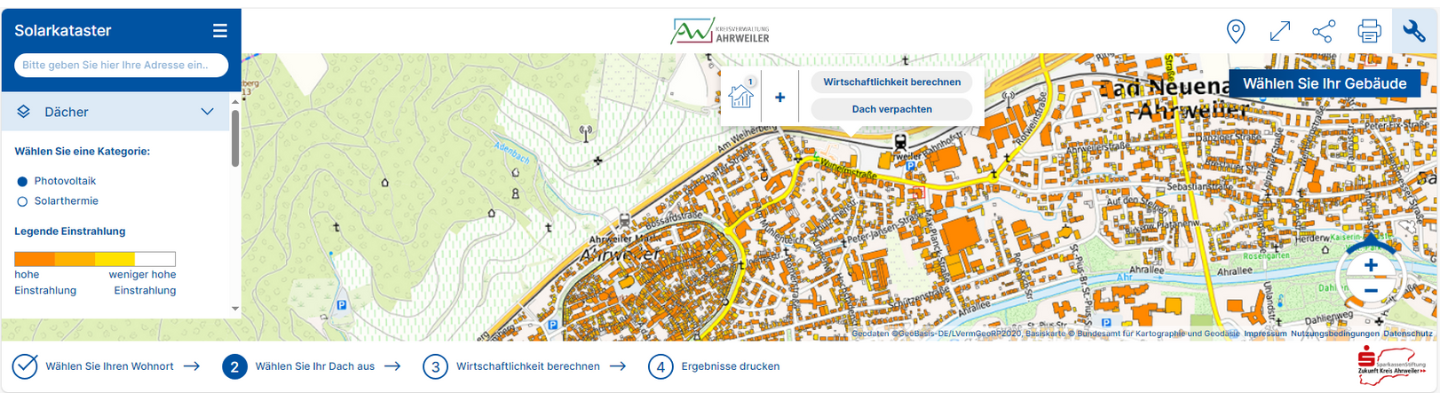 Das Solarkataster des Kreises Ahrweiler gibt Informationen über die Eignung Ihres Dachs für eine PV-Anlage.