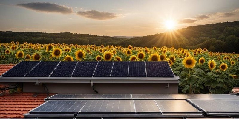 Photovoltaikanlagen auf einem Dach und Sonnenblumen